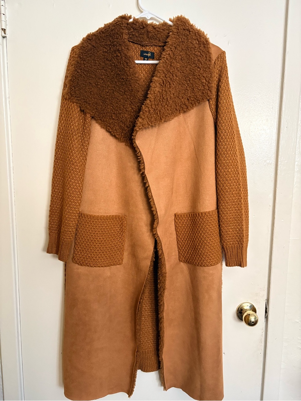 Long Faux-Shearling Coatigan in Chestnut Brown